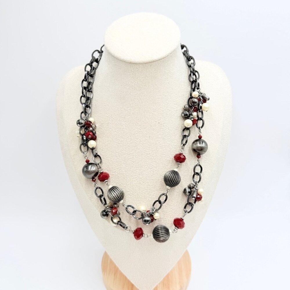 Vintage Premier Designs Red & White Beaded Silvertone Multi-Strand Necklace